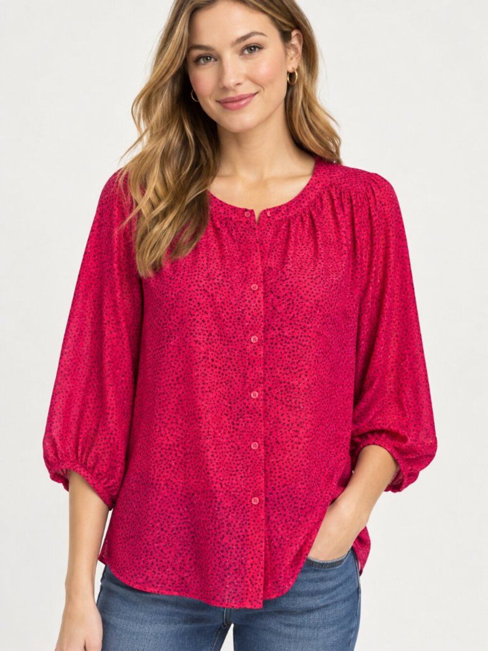 LOFT Fuchsia Red Dot-Print Button Front Blouse Size Large